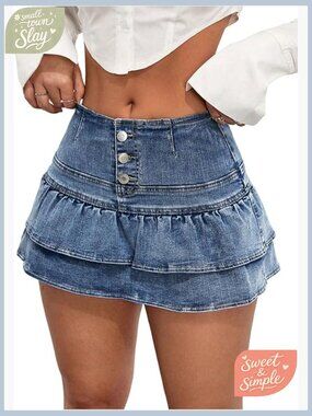 Women's Denim Skorts Tiered Ruffle Button Front Mini Shorts